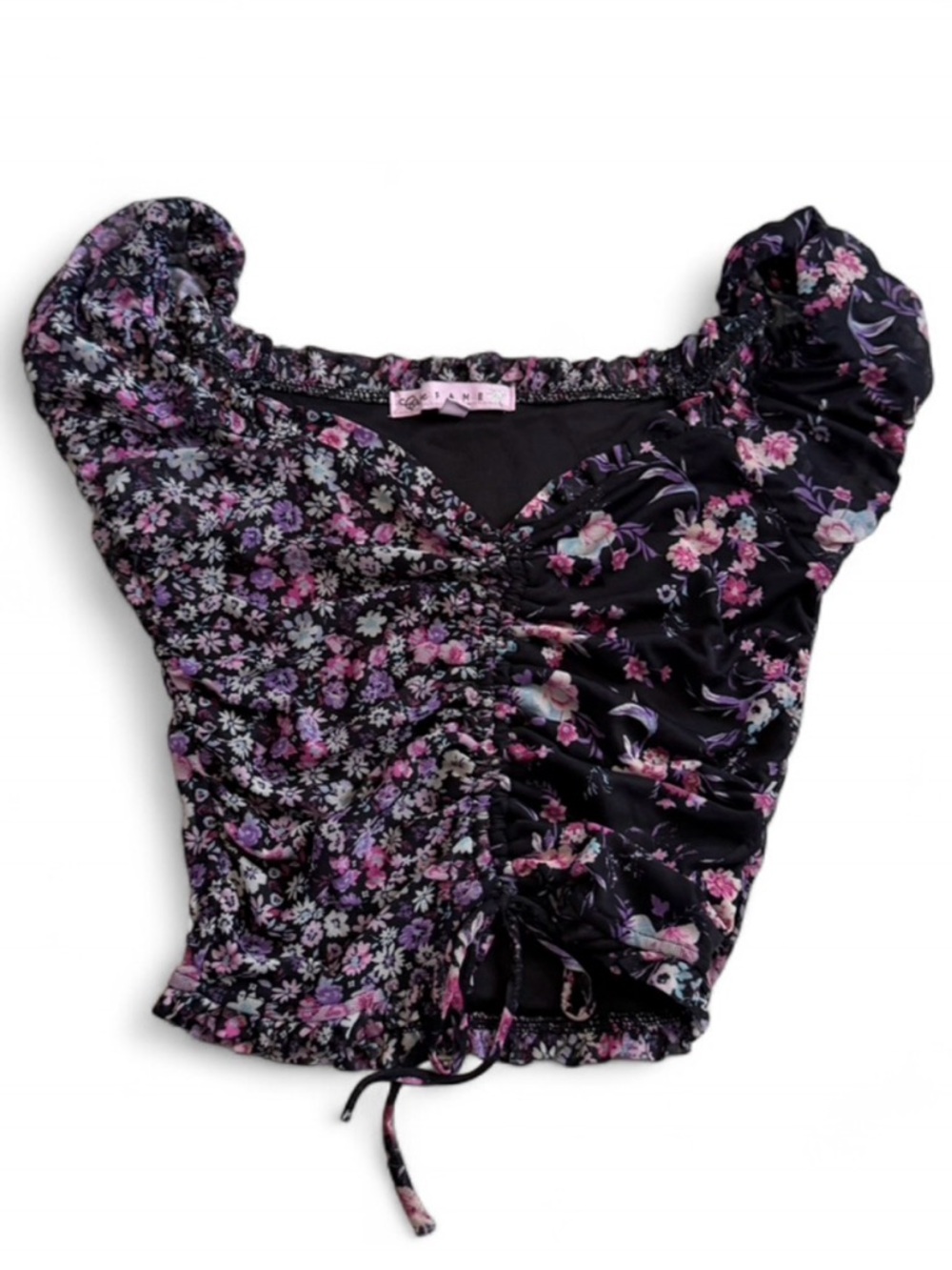 Floral Ruched Puff Sleeve Crop Top - Black/Purple